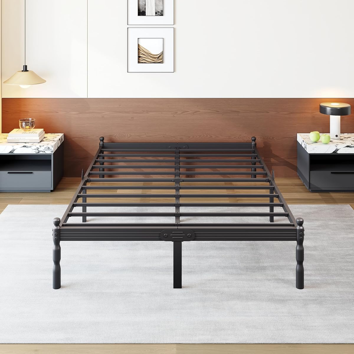 Heavy Duty Full Size Bed Frame, 14" Black Metal with Storage