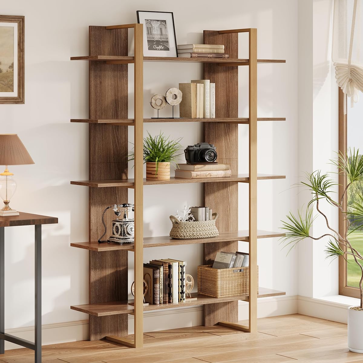Tribesigns 5-Tier Bookshelf, Boho Bookcase, Morden Open Bookshelves with Metal Frame, 71" H x 12" D x 47" W, for Bedroom, Living Room, Home Office, Retro Oak, Beige