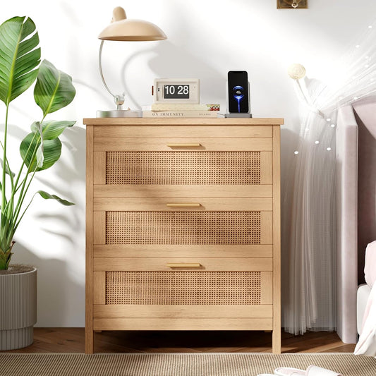 Natural boho rattan nightstand with charging station and three drawers