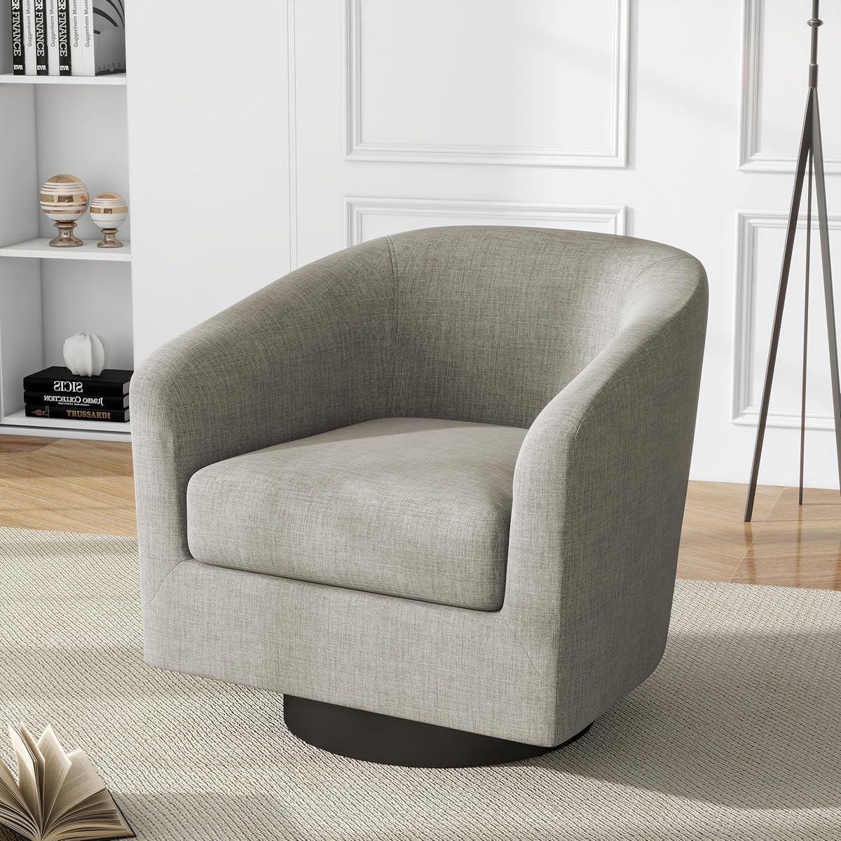 Swivel Accent Chair, Fabric Upholstered Barrel Club Chair, Khaki | Modern Round Armchair | Comfy Reading Seat with Removable Cushion | For Living Room, Bedroom, Office