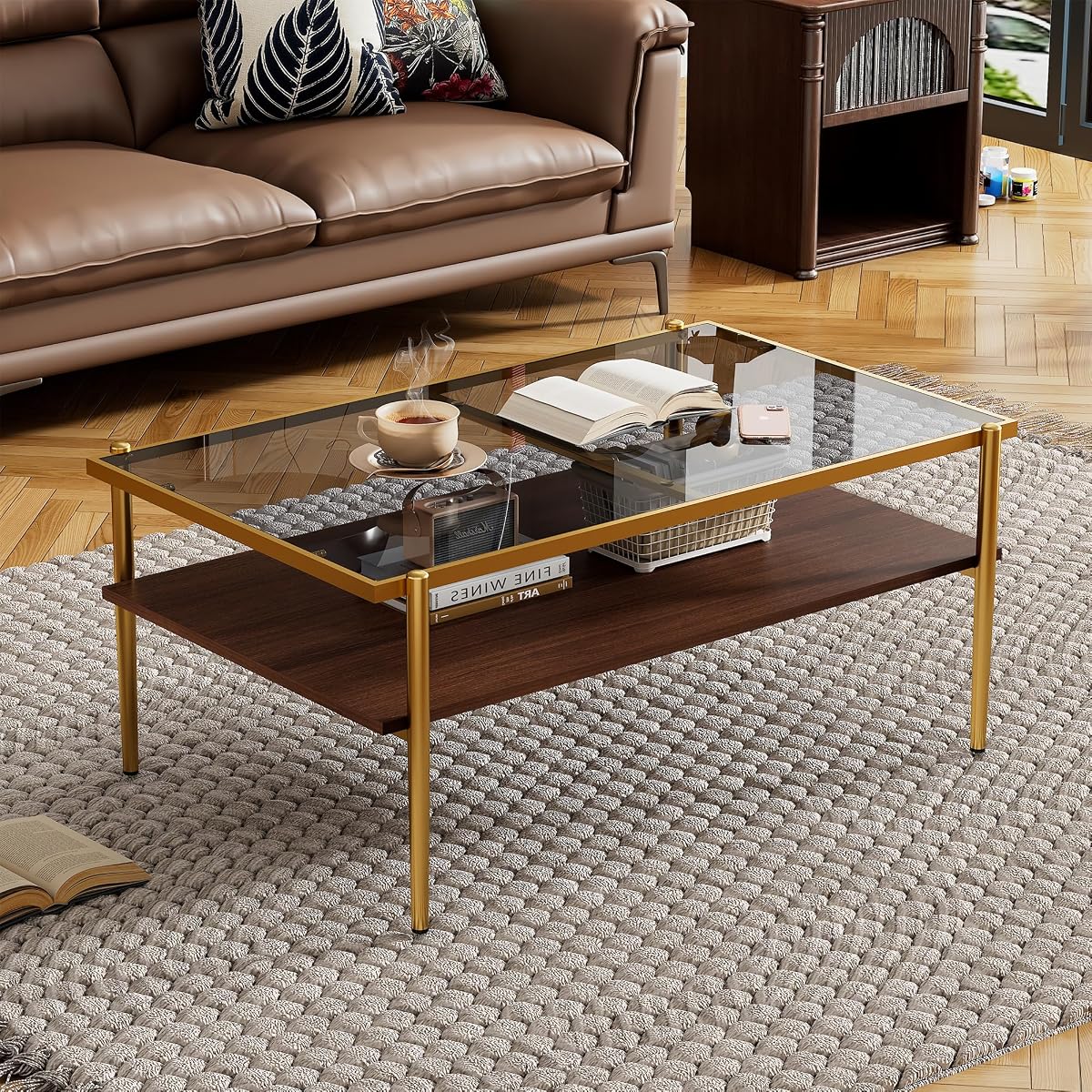 Glass Coffee Table Modern Center Table,Small Coffee Table Sofa Side Tea Table for Living Room,Tempered Glass-top with Metal Frame