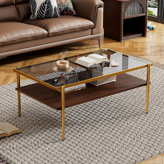 Glass Coffee Table Modern Center Table,Small Coffee Table Sofa Side Tea Table for Living Room,Tempered Glass-top with Metal Frame