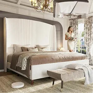 Queen Size Upholstered Platform Bed Frame with 66" Tall Headboard, Cream, view 2
