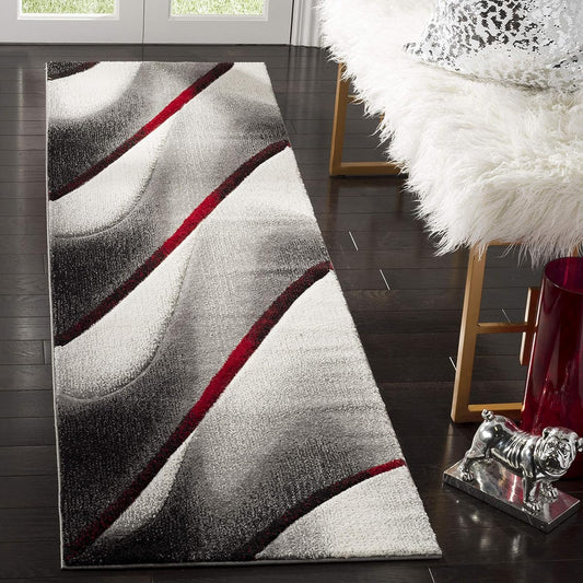 SAFAVIEH Hollywood Collection Runner Rug - 2'3" x 8', Grey & Red, Mid-Century Modern Design, Non-Shedding & Easy Care, Ideal for High Traffic Areas in Living Room, Bedroom (HLW712K)