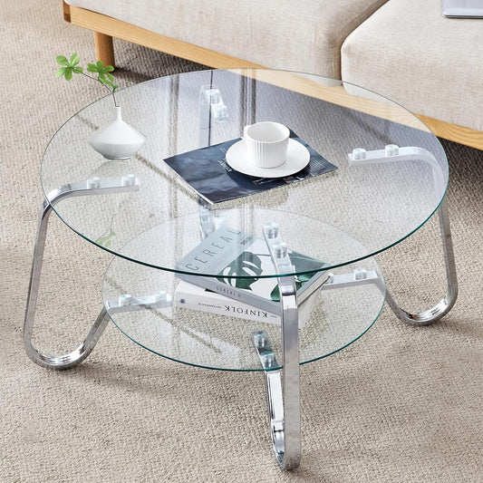 31.5" Silver Round Glass Coffee Table Modern Living Room Table 2-Layer Sofa