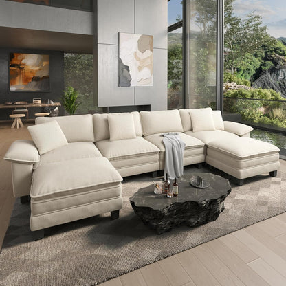 158" Oversized Modular Sectional U Shaped Sofa,Chenille Beige | 6-Seater Living Room Couches, Wider Armrest and Deep Seat, Comfy Cloud Couch with Ottoman, Wood Sturdy Frame