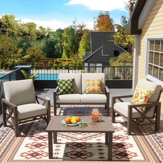 Patio Furniture Sets, 4 Pieces Outdoor Furniture Modern Metal Patio Sectional Sofa Conversation Set,2 Motion Rocking Chairs,6.5" Olefin Cushions for Yard,Porch,Poolside