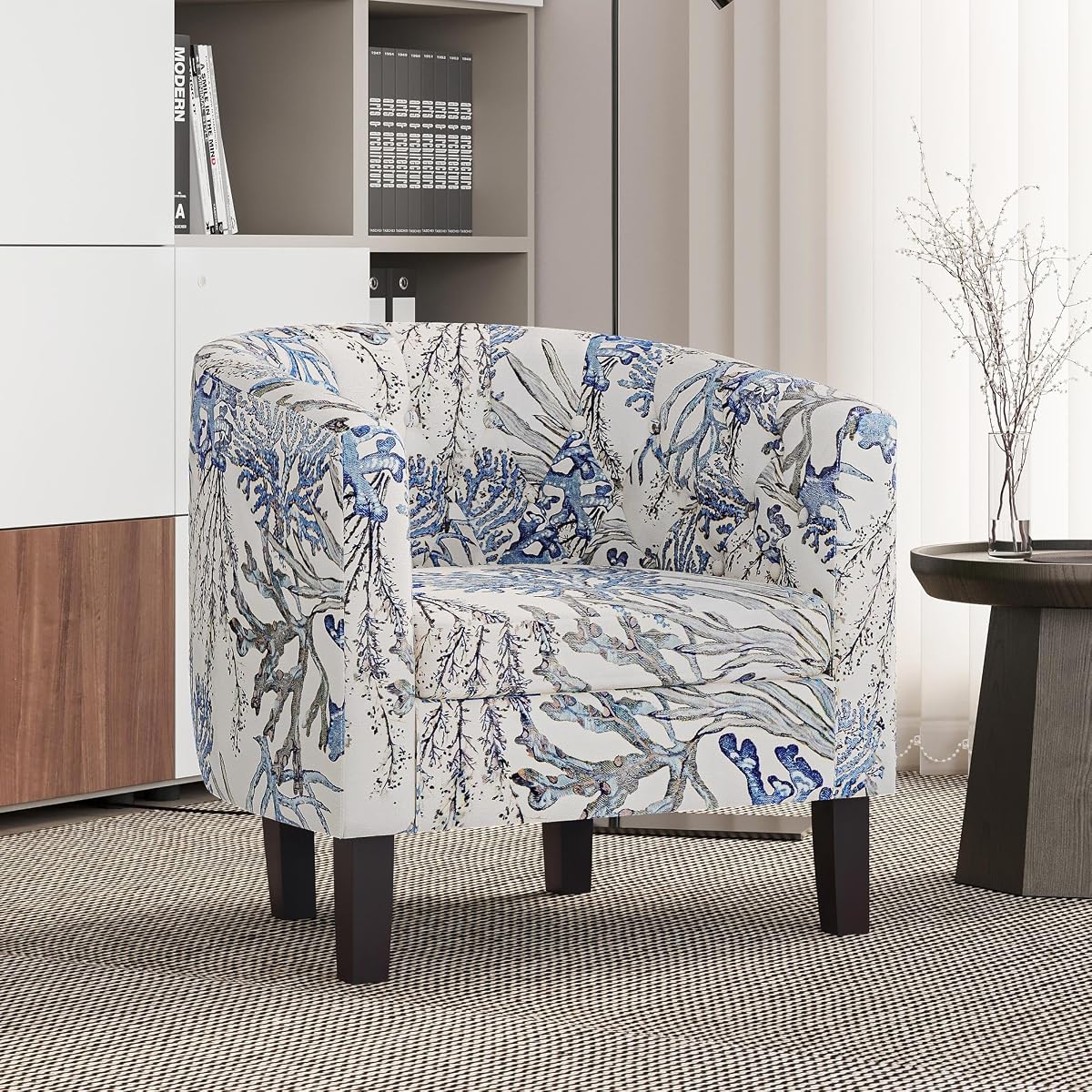 Accent Barrel Arm Chair, Modern Comfy Upholstered Tufted Club Chair with Sturdy Legs and Linen Fabric for Bedroom Living Room - Blue Coral