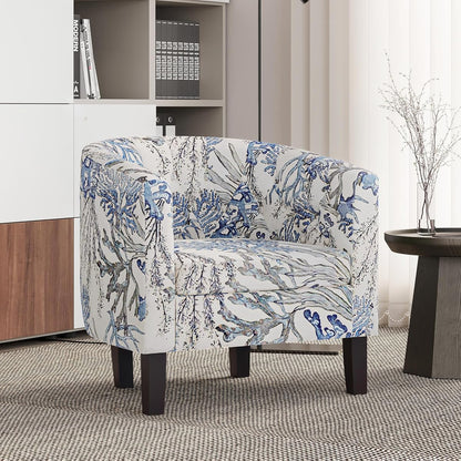 Accent Barrel Arm Chair, Modern Comfy Upholstered Tufted Club Chair with Sturdy Legs and Linen Fabric for Bedroom Living Room - Blue Coral