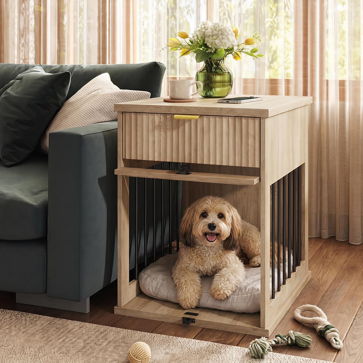 3-in-1 Dog Crate End Table with Charging Station & Drawer (Antique Grey)
