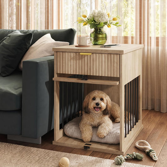 3-in-1 Dog Crate End Table with Charging Station & Drawer (Antique Grey)