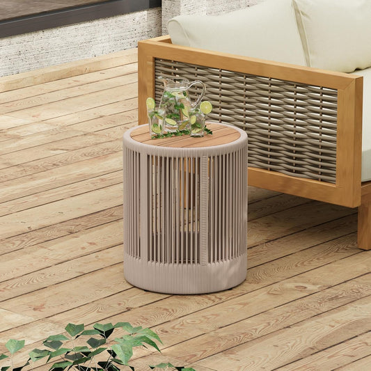 Teak and beige rattan rope and acacia wood round side table