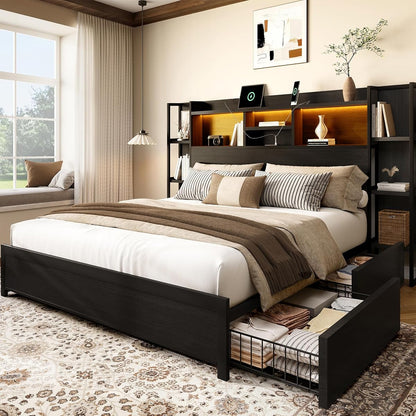King Size Bed Frame with 4 Storage Drawers and Headboard Featuring Shelf Storage
