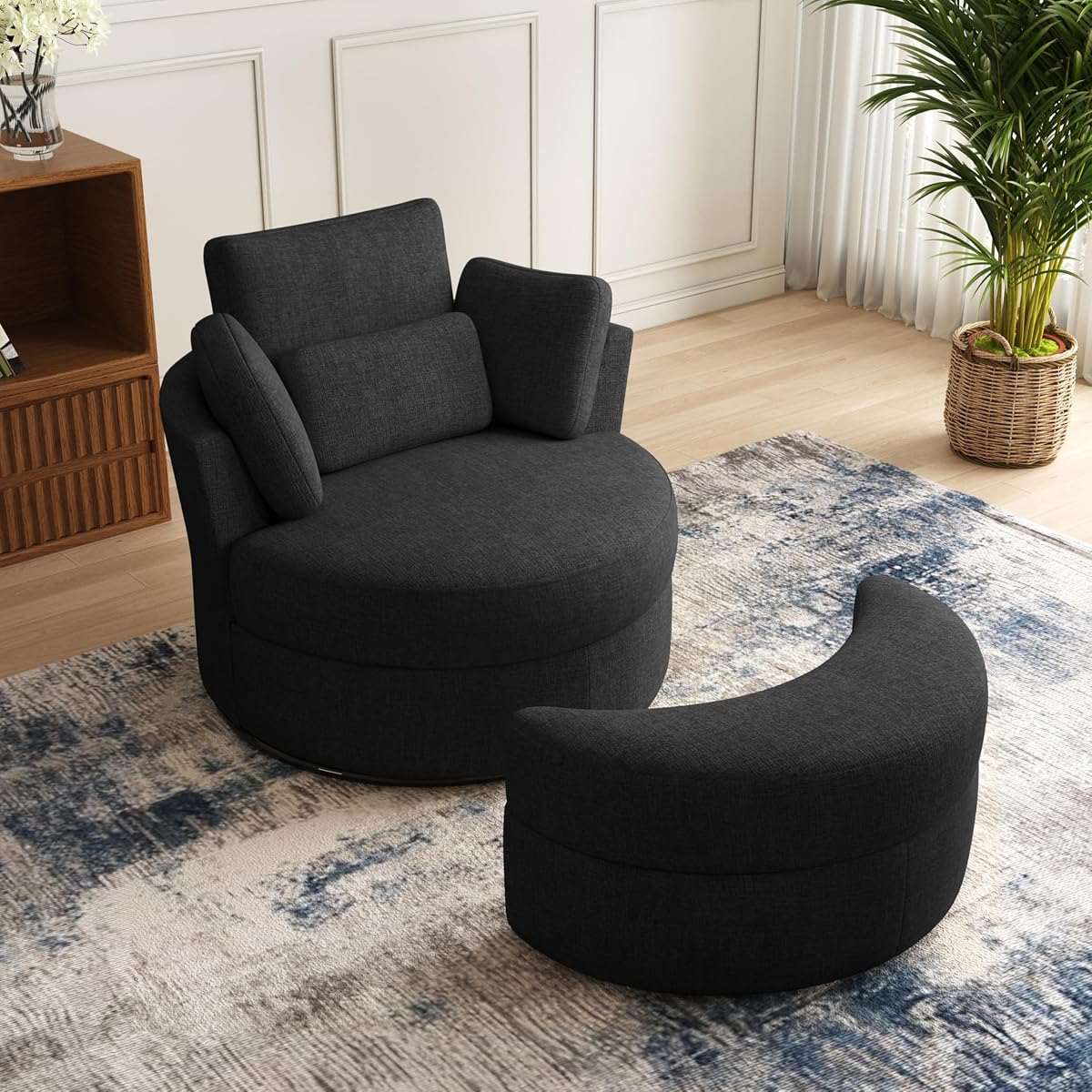 Swivel Barrel Accent Chair with Half Moon Storage Ottoman