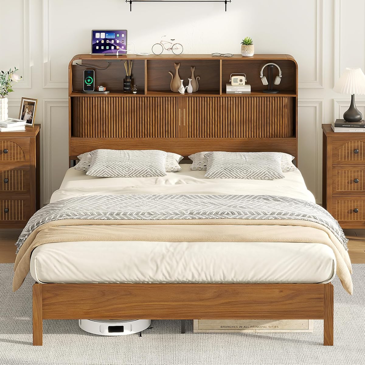Queen Size Bed Frame with Headboard and Charging Station Walnut