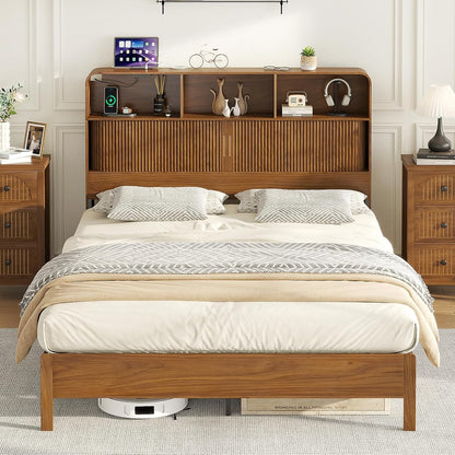 Queen Size Bed Frame with Headboard and Charging Station Walnut