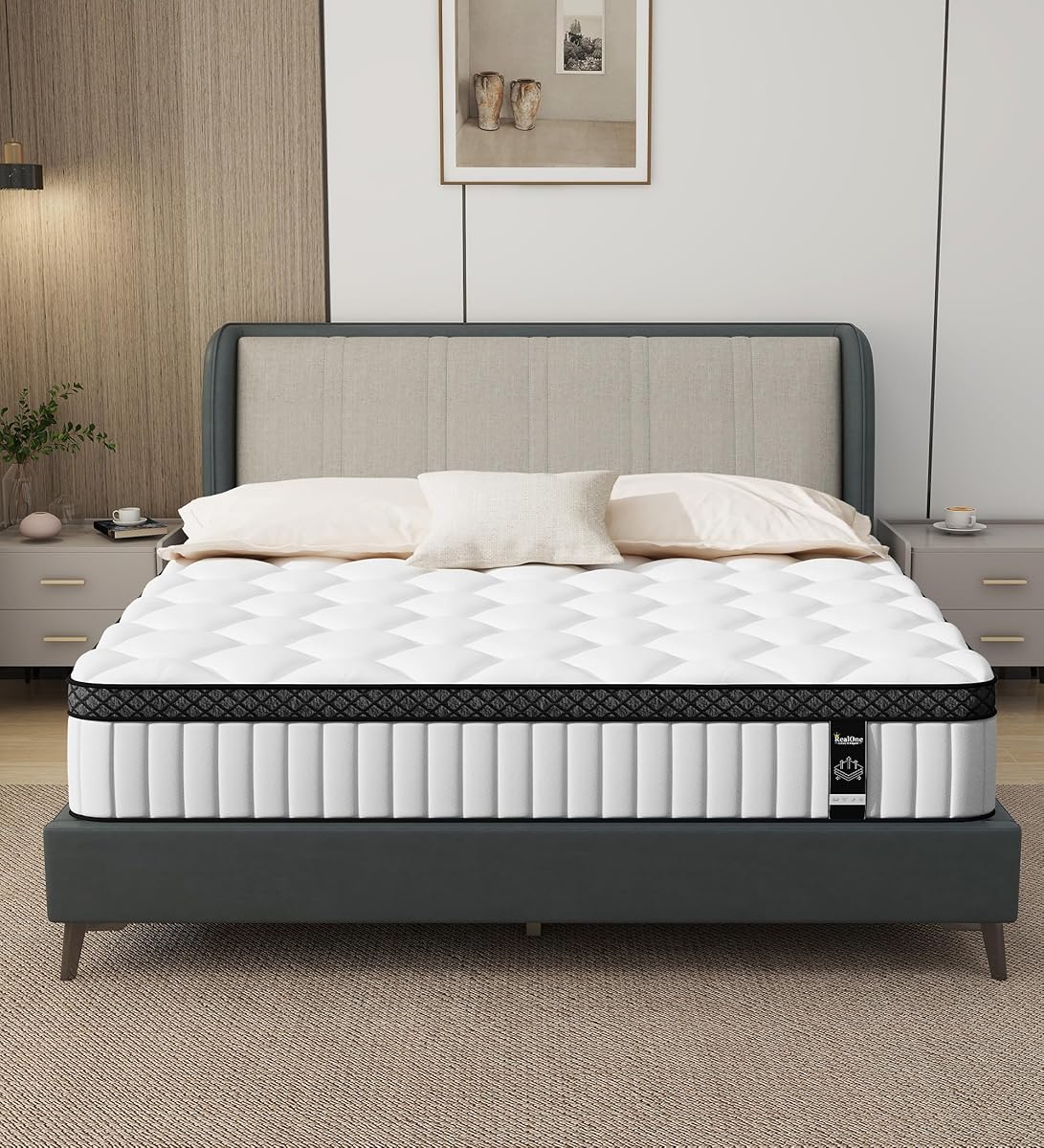 Queen Mattress,12 Inch Hybrid White Mattresses,Gel Memory Foam Spring Mattress in a Box,Medium Firm Pressure Relief