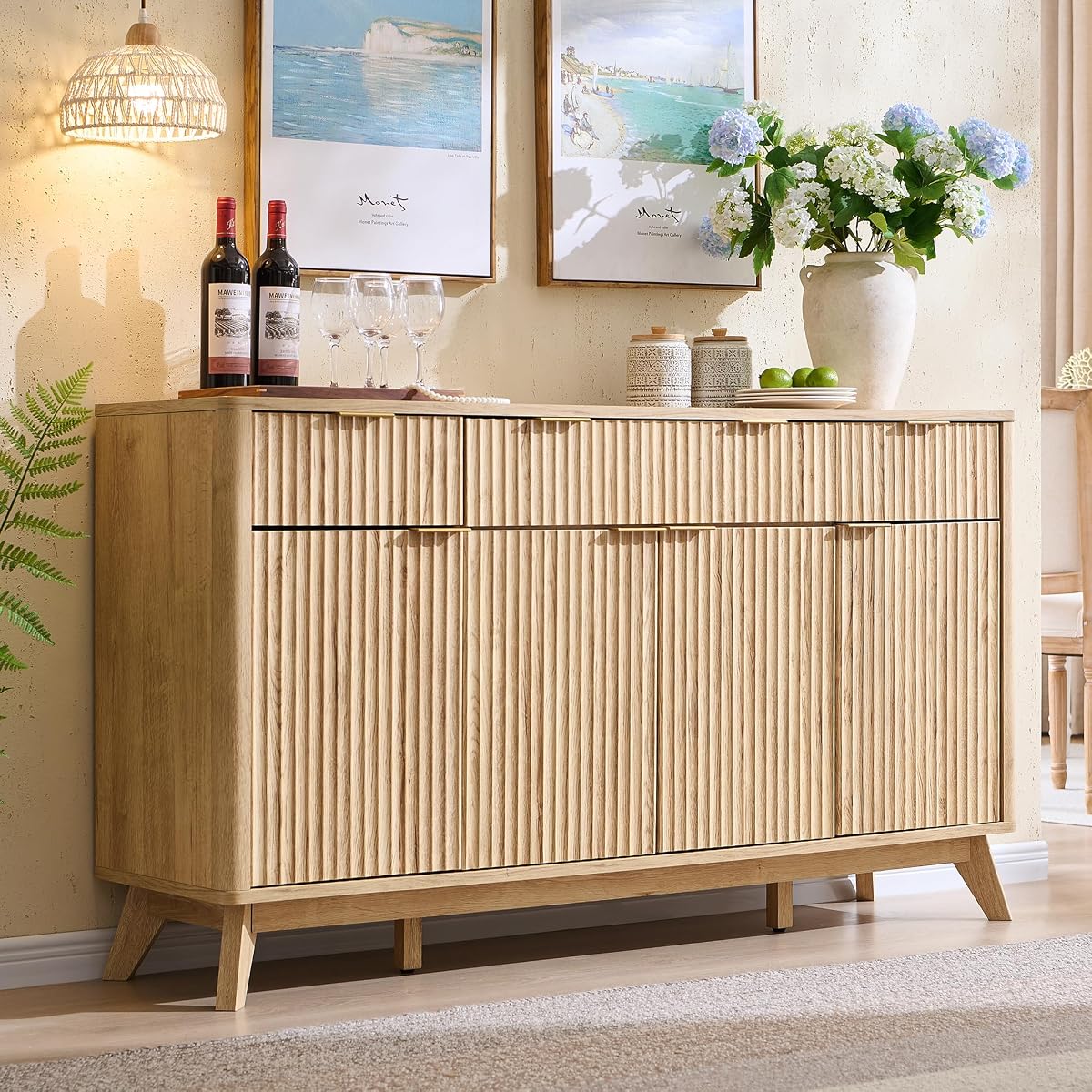Fluted Storage Cabinet with Drawers, 60" Morden Buffet Sideboard Coffee Bar Cabinet with 4 Doors and 3 Drawers for Dining Room, Living Room,Hallway (Natural Oak)