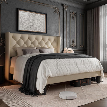 Queen Size Bed Frame with Button Tufted Upholstered Headboard