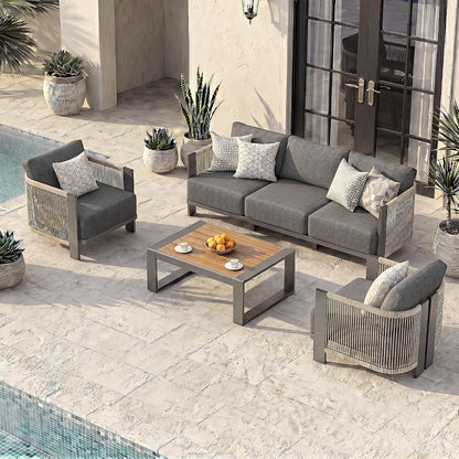 Luxury Patio Furniture Set, 4-Piece Curved Outdoor Furnitrue Set with Weather-Resistant Aluminum Frame and 7.1" Thicker Cushion, Woven Rope Patio Conversation Set for Deck, Garden