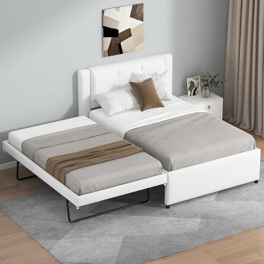JIVOIT Twin Size Upholstery Platform Bed, Pull-Out Trundle, Upholstery Headboard