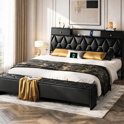 King Size Bed Frame and Headboard & Storage Drawers, PU Leather