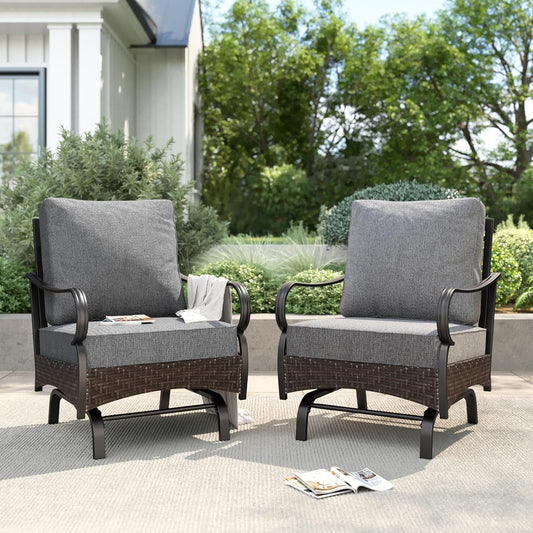 Set of two high back wicker patio rocking chairs with thick cushions