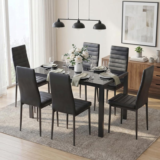 Glass Dining Table Sets for 6, 7 Piece Kitchen Table and Chairs Set for 6 Person, PU Leather Modern Dining Room Sets for Home, Kitchen, Living Room