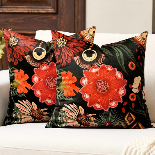 Black Red Boho Floral Velvet Throw Pillow Covers 16x16 Inch Set of 2 Vintage