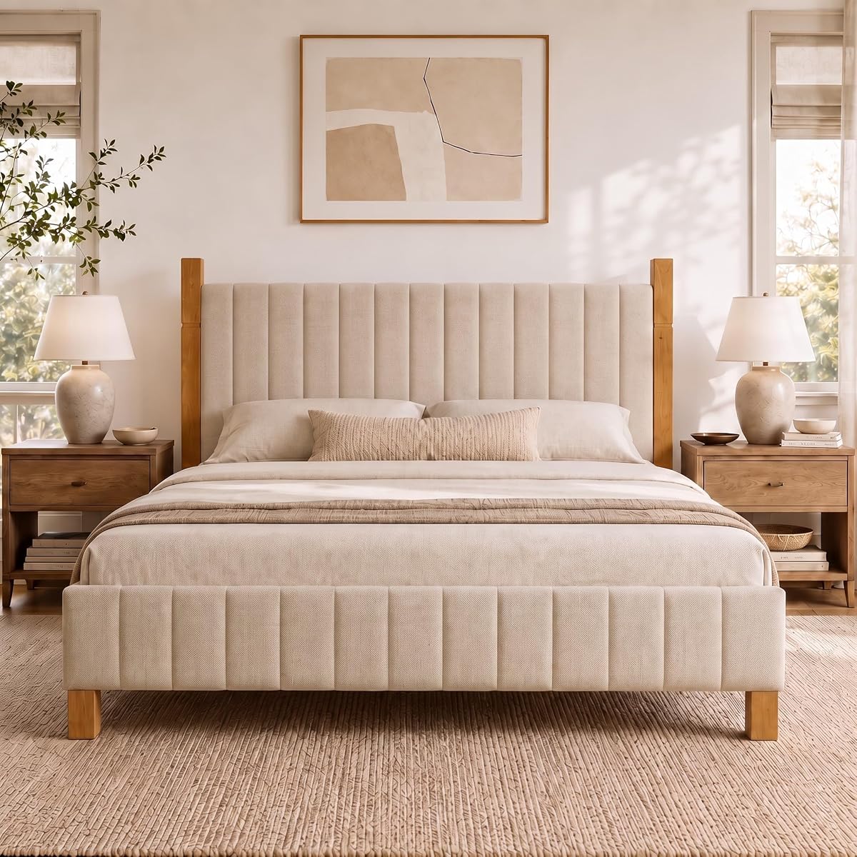 Solid Wood Queen Bed Frame with Upholstered Headboard, Beige
