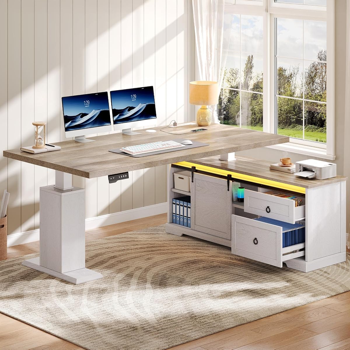 L Shaped Standing Desk with Power Outlets & LED Lights