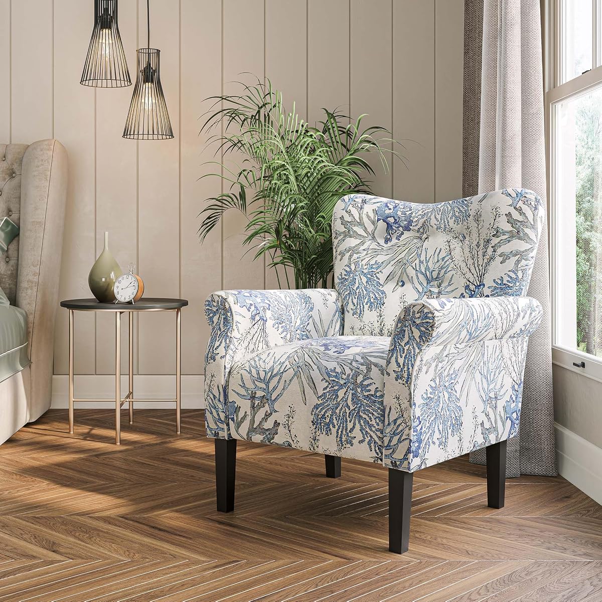 Modern Accent Chair for Living Room, High Back Linen Armchair with Wooden Legs