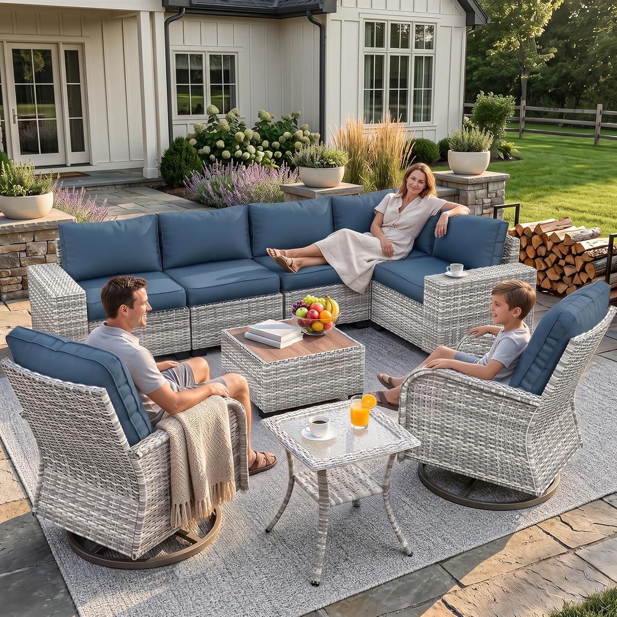Outdoor Patio Furniture Set PE Wicker Rattan Outdoor Sectional Sofa | Patio Conversation Set with Rocking Swivel Chair, Chunky Arms Coffee Table & Thickened Cushions for Proch 9PCS, Navy Blue