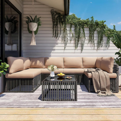 7-Piece Outdoor Sectional Set, Large Wicker Patio Furniture Set with Coffee Table and Washable Cushions Covers, All-Weather Patio Sofa Conversation Set for Backyard, Poolside, Garden