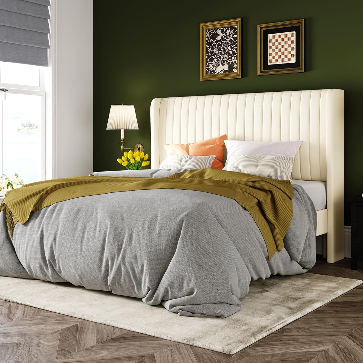 Queen Size Velvet Bed Frame/Vertical Channel Tufted Wingback