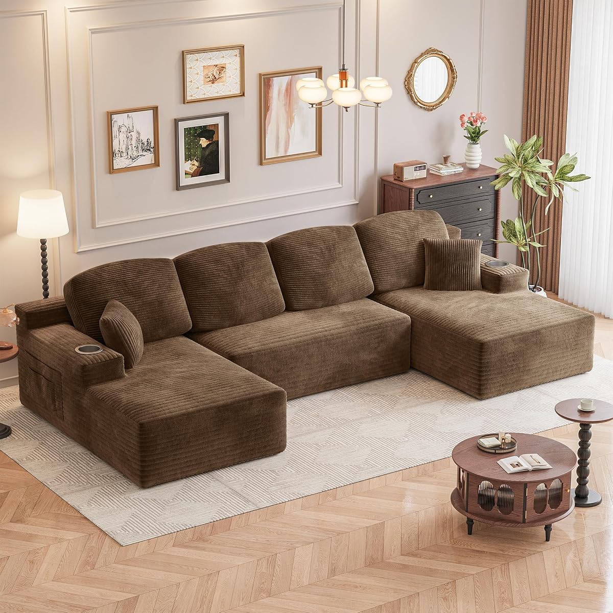 142" Boneless Couch, Modular Sectional Sofa, No Assembly Required, Memory Foam Filling, Corduroy U-Shaped Sofa, Movable Multi-Person Couch for Living Room (Brown)