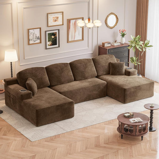 142" Boneless Couch, Modular Sectional Sofa, No Assembly Required, Memory Foam Filling, Corduroy U-Shaped Sofa, Movable Multi-Person Couch for Living Room (Brown)