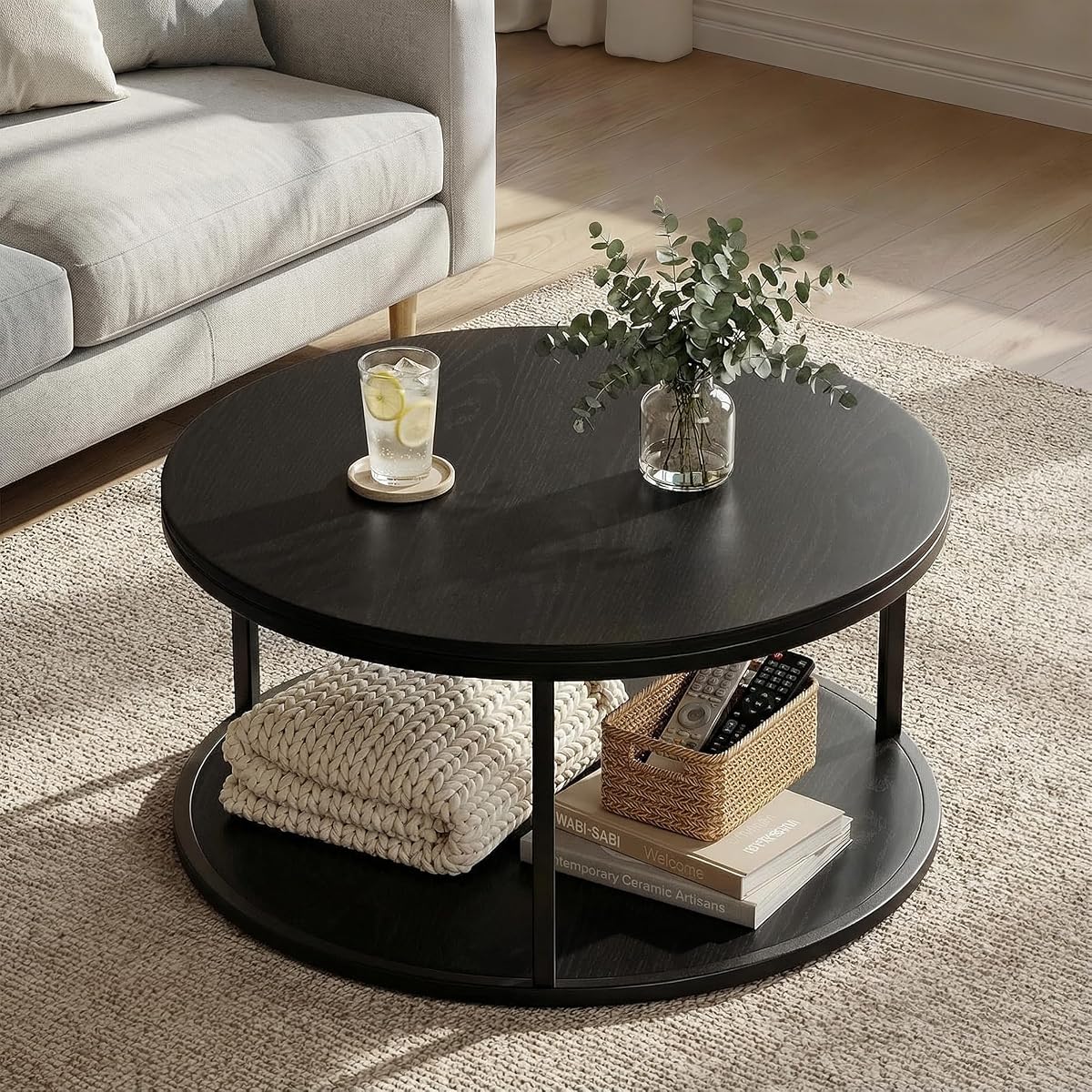 36" Modern Round Coffee Table for Living Room, 2-Tier Wood Design with Storage Shelf, Sturdy Metal Frame, Stylish Small Space Furniture, Black Metal