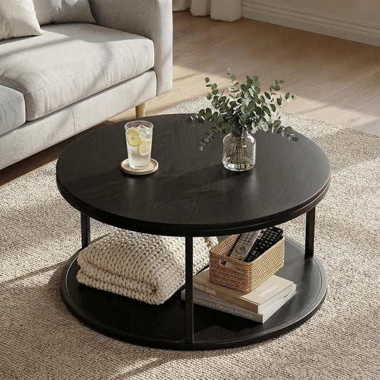 36" Modern Round Coffee Table for Living Room, 2-Tier Wood Design with Storage Shelf, Sturdy Metal Frame, Stylish Small Space Furniture, Black Metal