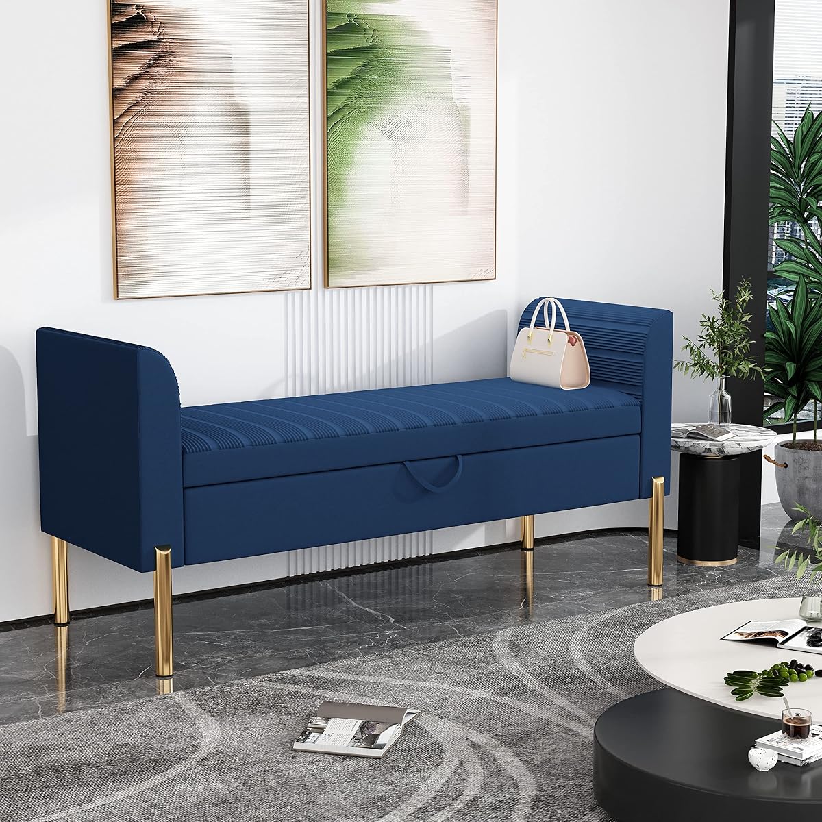 Storage Bench,Upholstered Storage Ottoman Bench,Modern Bed Bench Entryway Bench with Gold Legs for Bedroom Living Room Blue