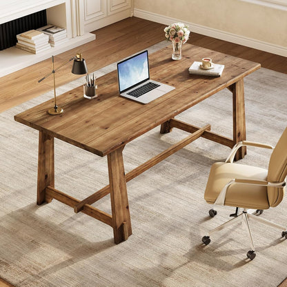 63" Solid Wood Office Desk, Farmhouse Executive Computer Desk, Large Work Writing Table, Rustic Brown Home Office Workstaticon, Business Furniture