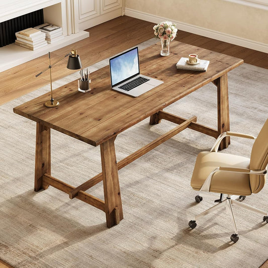 63" Solid Wood Office Desk, Farmhouse Executive Computer Desk, Large Work Writing Table, Rustic Brown Home Office Workstaticon, Business Furniture
