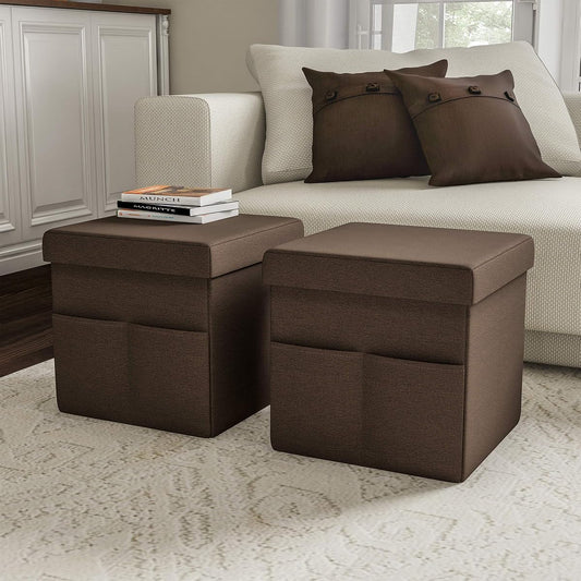 Set of 2 Ottomans with Storage Pockets - 15-Inch Folding Foot Rests or Storage Organizers for Bedroom, Living Room, or Dorm by (Brown)