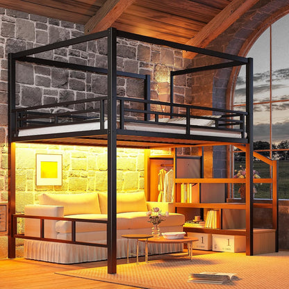 Queen Size Metal Loft Bed Frame with with Canopy Frame & Storage Staircase