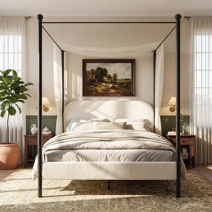 Queen Size Upholstered Canopy Bed Frame with Boucle Fabric