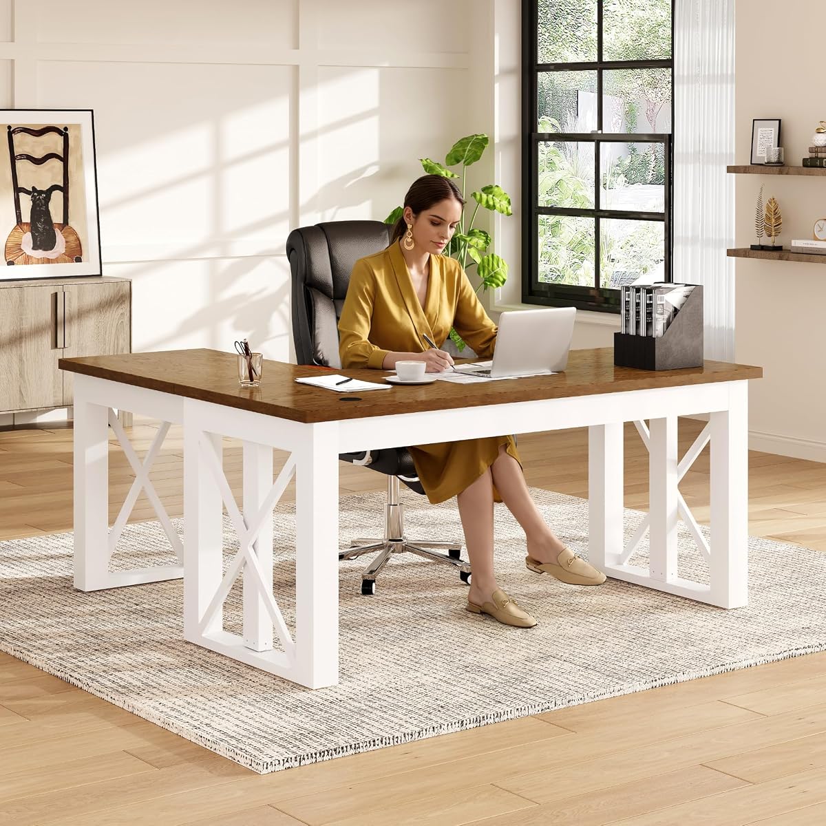 FLEXISPOT 62 x 48 Inch L Shaped Executive Standing Desk with Drawer, Cherry