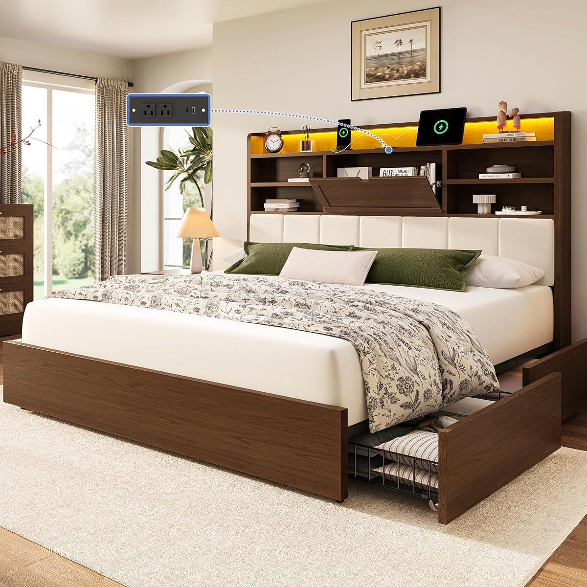 King Size Wooden Bed Frame with 4 Storage Drawers and 51.3" Tall Hidden Storage
