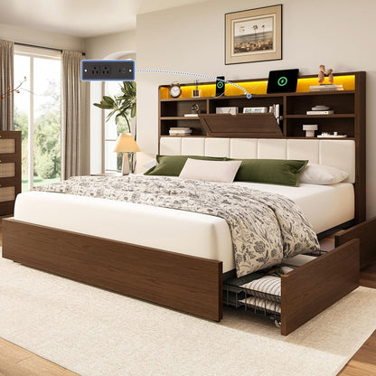 King Size Wooden Bed Frame with 4 Storage Drawers and 51.3" Tall Hidden Storage