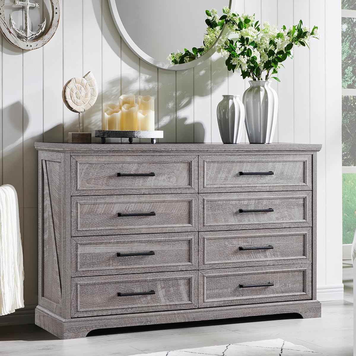 Farmhouse 8 Drawers Dresser Chests for Bedroom, Gray