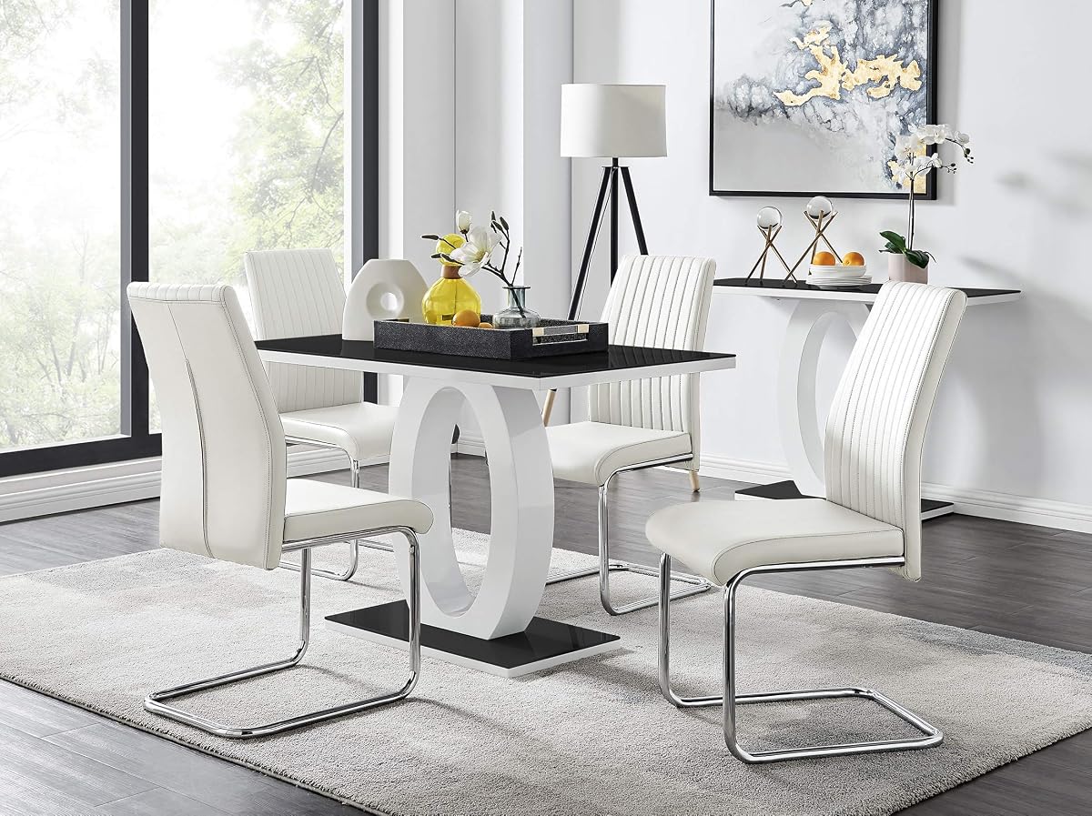 Giovani Black White High Gloss Glass Dining Table and 4 White Lorenzo Chairs Set